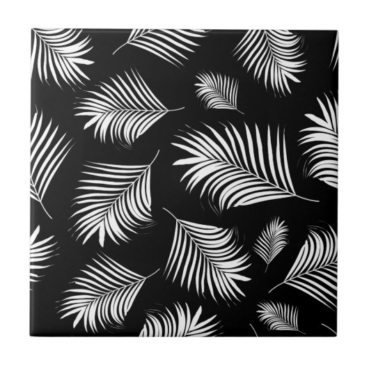 Palm Leaf Black White Tropical Patroon Tegeltje (Voorkant)