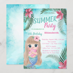 Palm Leaf, Flowers, Baby Mermaid Birthday Party Kaart