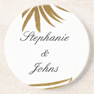 Palm Leaf Gold Glitter Custom Couple Name Tropical Zandsteen Onderzetter