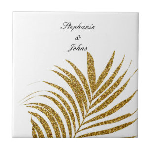Palm Leaf Gold Glitter Custom Name Wedding Gift Tegeltje