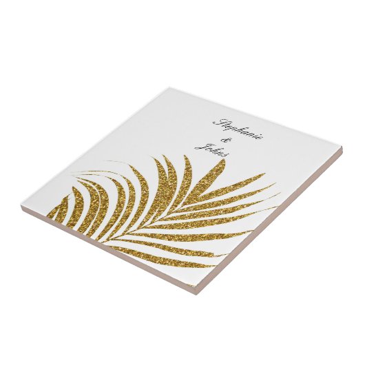 Palm Leaf Gold Glitter Custom Name Wedding Gift Tegeltje (Zijkant)