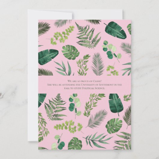 Palm Leaf Green Pink Plant Afstuderen Aankondiging (Achterkant)