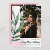 Palm Leaf Green Pink Plante Faire-part de graduati (Devant / Derrière)