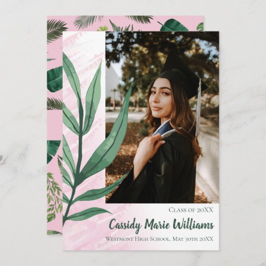 Palm Leaf Green Pink Plante Faire-part de graduati (Devant / Derrière)