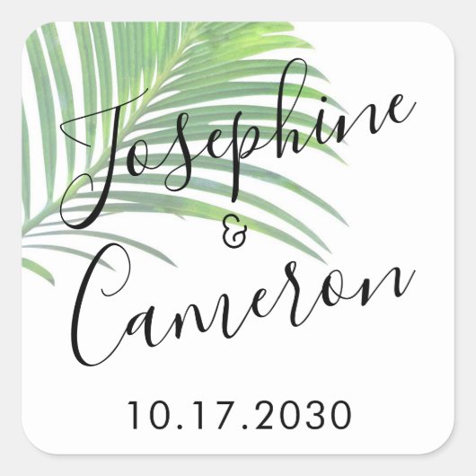 Palm Leaf Modern Beach Destination Wedding Vierkante Sticker (Voorkant)