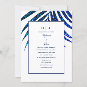 Palm Leaf Navy Blue Glitter Tropische bruiloft Kaart