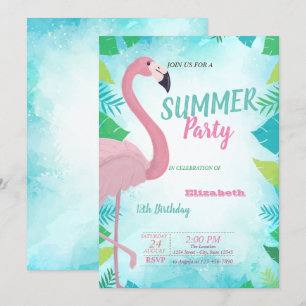 Palm Leaf, Pink Flamingo, Summer Birthday Party Kaart