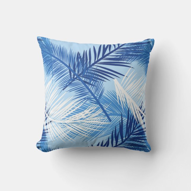Palm Leaf Print, Cobalt, White en Sky Blue Buitenkussen (Voorkant)