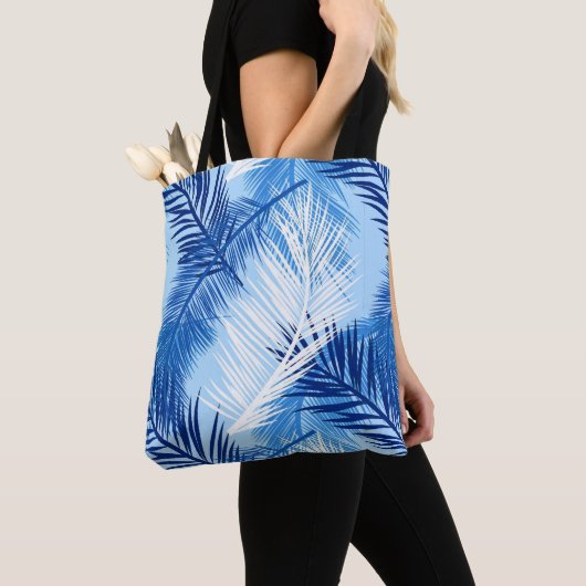 Palm Leaf Print, Cobalt, White en Sky Blue Draagtas (Dichtbij)