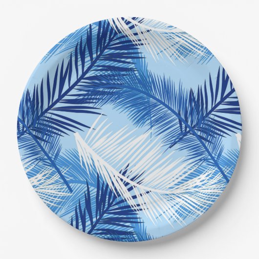 Palm Leaf Print, Cobalt, White en Sky Blue Papieren Bordje (Voorkant)
