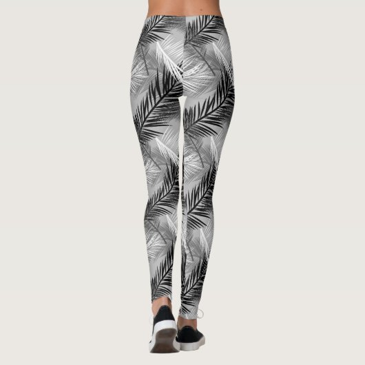 Palm Leaf Print, Grey / Grey, Black and White Leggings (Achterkant)