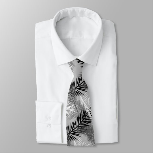 Palm Leaf Print, Grey / Grey, Black and White Stropdas (Gebonden)