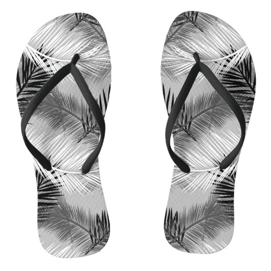 Palm Leaf Print, Grey / Grey, Black and White Teenslippers (Voetbed)
