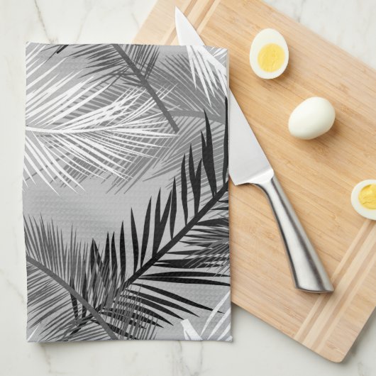 Palm Leaf Print, Grey / Grey, Black and White Theedoek (Quarter Fold)