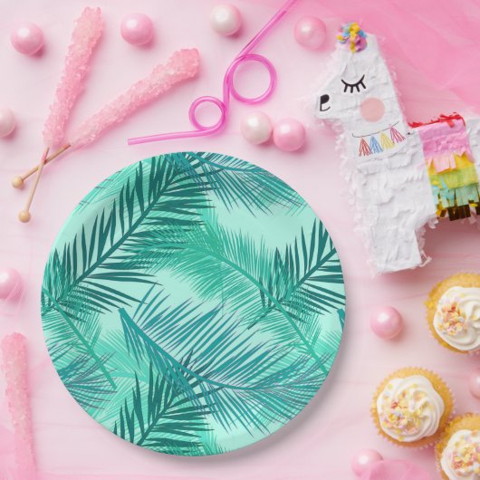 Palm Leaf Print, Turquoise, Blauwgroen en Aqua Papieren Bordje (Feest)
