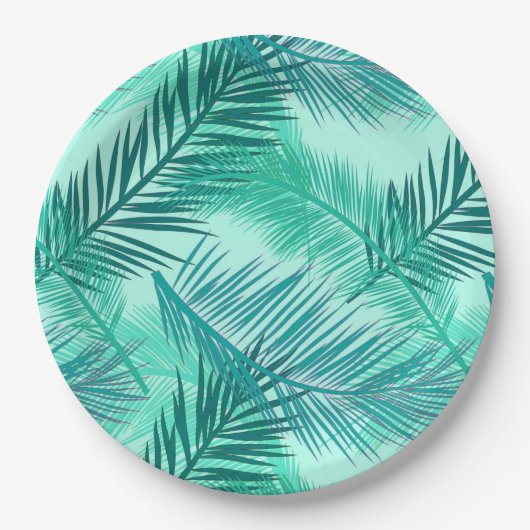 Palm Leaf Print, Turquoise, Blauwgroen en Aqua Papieren Bordje (Voorkant)