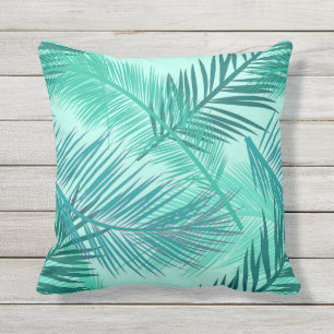 Palm Leaf Print, Turquoise, Blauwgroen en Light Aq Buitenkussen