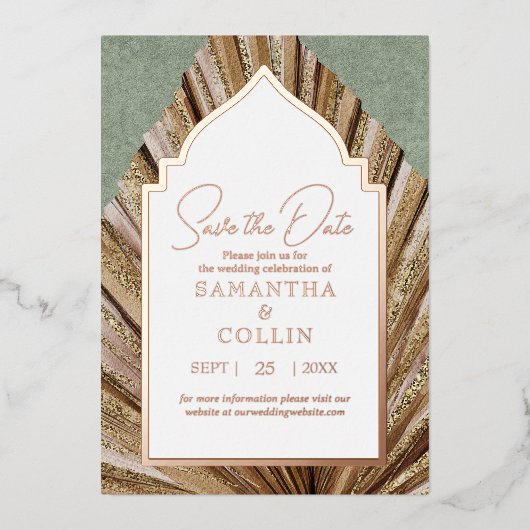 Palm Leaf Sage Green Save the Date Folie Uitnodiging (Voorkant)