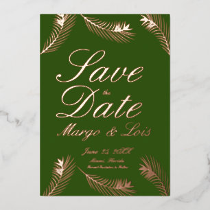 Palm Leaf Save the Date Green Gold Ppress Folie Uitnodiging