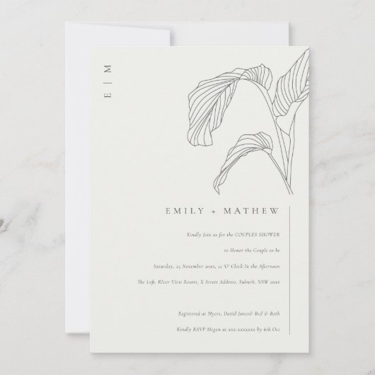 Palm Leaf Sketch Black White Couples Shower Invite Bedankkaart (Voorkant)
