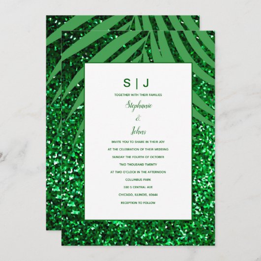 Palm Leaf Smaragd Groen Glitter Tropische Bruiloft Kaart (Voorkant / Achterkant)
