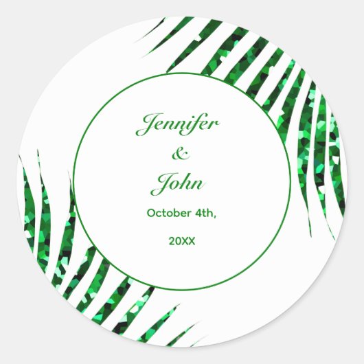 Palm Leaf Smaragd Groen Glitter Tropische Bruiloft Ronde Sticker (Voorkant)
