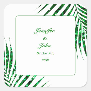 Palm Leaf Smaragd Groen Glitter Tropische Bruiloft Vierkante Sticker