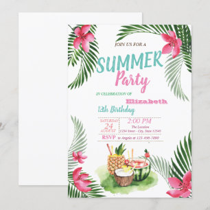 Palm Leaf, Tropical Fruits, Flowers Birthday Party Kaart