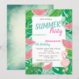 Palm Leaf Watermelon Pink Flamingo Birthday Party Kaart