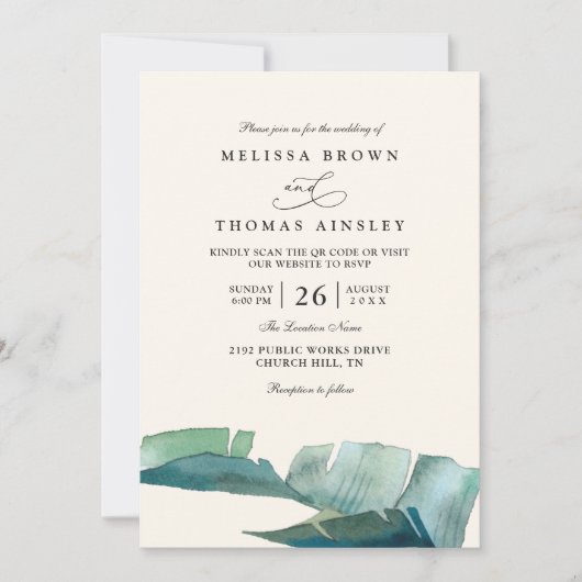 Palm Leave Green Elegant Modern QR Code Wedding Kaart (Voorkant)