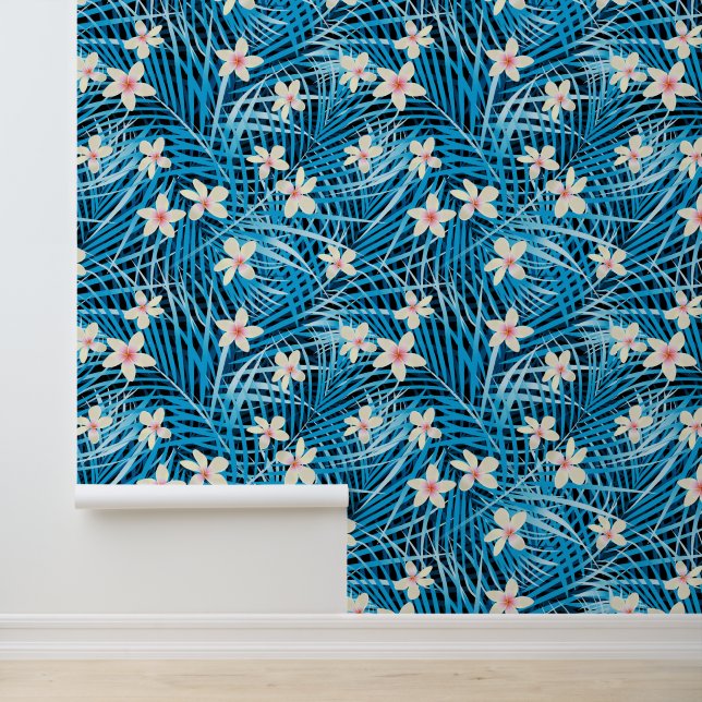 Palm Leaves Blue Pattern Behang (Applicatie)