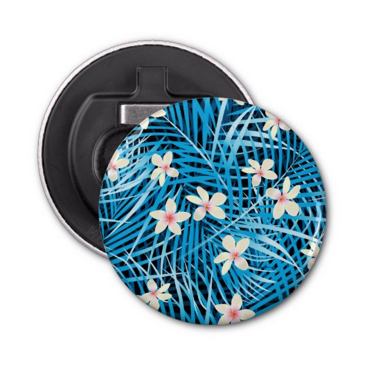 Palm Leaves Blue Pattern Button Flesopener (Voorkant)