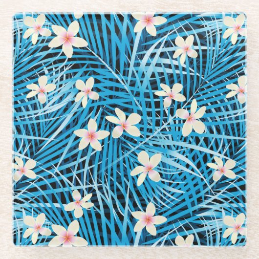 Palm Leaves Blue Pattern Glazen Onderzetter (Voorkant)