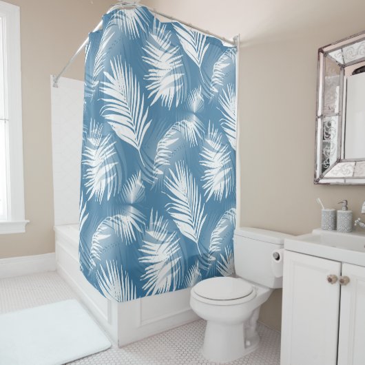 Palm Leaves Blue White Design 272 Douchegordijn (In situ)