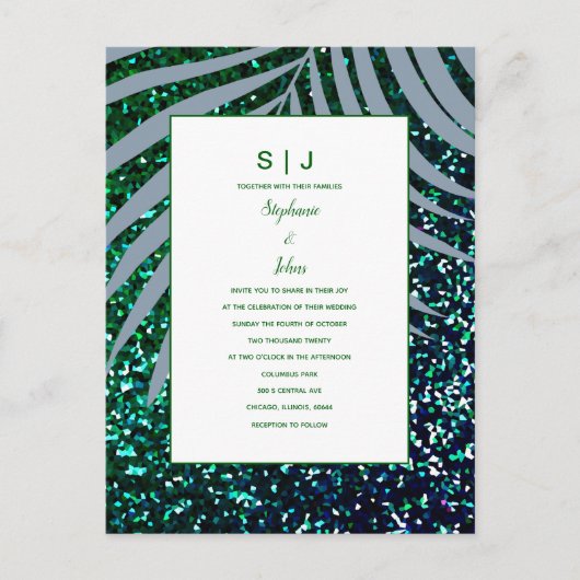 Palm Leaves Dusty Blue Green Glitter Wedding Uitnodiging Briefkaart (Voorkant)