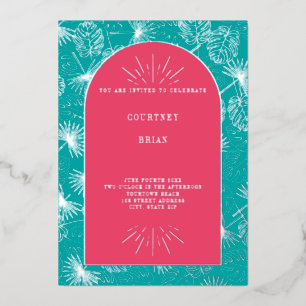 Palm Leaves Pink + Blue Beach Weddenschap Folie Uitnodiging