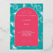 Palm Leaves Pink + Blue Beach Weddenschap Folie Uitnodiging (Voorkant)