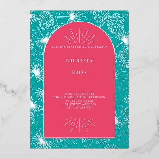 Palm Leaves Pink + Blue Beach Weddenschap Folie Uitnodiging (Voorkant)