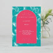 Palm Leaves Pink + Blue Beach Weddenschap Folie Uitnodiging (Staand Voorkant)