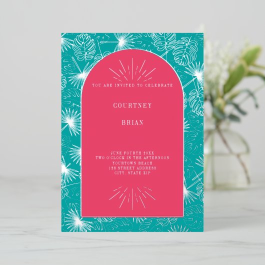 Palm Leaves Pink + Blue Beach Weddenschap Folie Uitnodiging (Staand Voorkant)