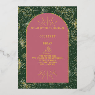 Palm Leaves Pink + Green Beach Wedding Folie Uitnodiging