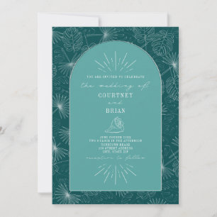 Palm Leaves Seashell Blauwgroen Tropical Wedding Kaart