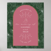 Palm Leaves Seashell Roze Groen Weddenschap Welkom Poster (Voorkant)