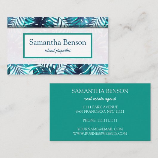 Palm Leaves Tropical Island Green & White Square B Visitekaartje (Voorkant / Achterkant)