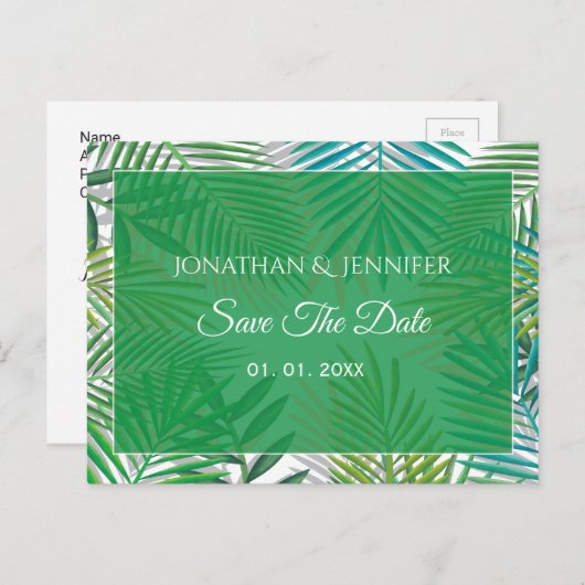 Palm Leaves Wedding Save the date Aankondigingskaart (Voorkant / Achterkant)
