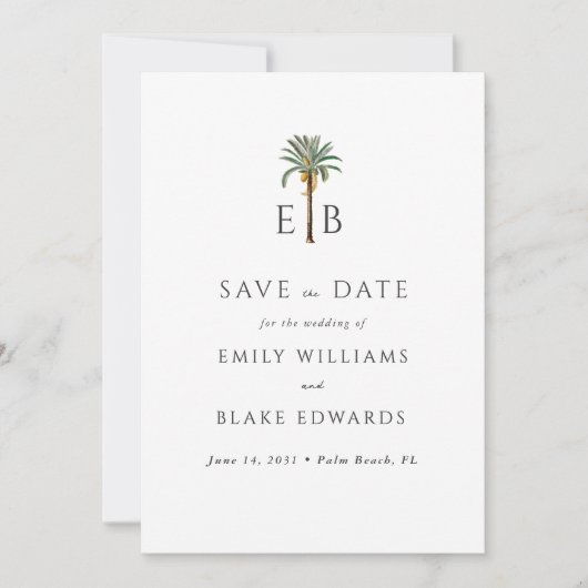 Palm Logo Tropical Monogram Wedding Save the Date (Devant)
