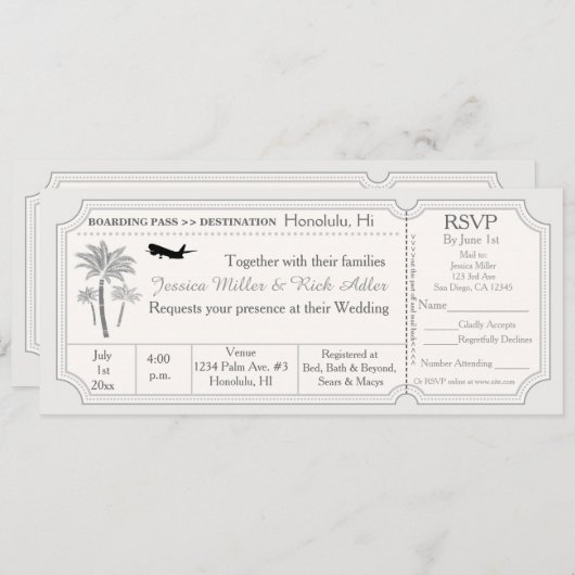 Palm Mariage Destination Ticket Invitation RSVP (Devant / Derrière)