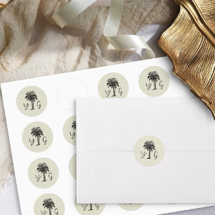  palm monogram bruiloft ronde sticker