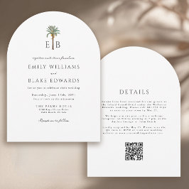 Palm Monogram Elegant Arch Tropical Wedding QRCode Kaart