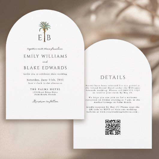 Palm Monogram Elegant Arch Tropical Wedding QRCode Kaart